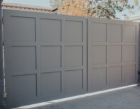 dual sided wooden clad electric slide gate recessed panels