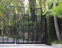 contemporary geometric designed bifold automatic steel gate Los Angeles