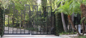 contemporary geometric designed bifold automatic steel gate Los Angeles