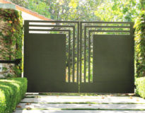 custom geometric steel bifold electric gate Los Angeles